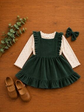2-3T green corduroy toddler pinafore dress with ruffled straps